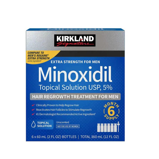 Minoxidil 5% Extra Strength Hair Regrowth Topical Solution Treatment - a 6-month supply in drops.